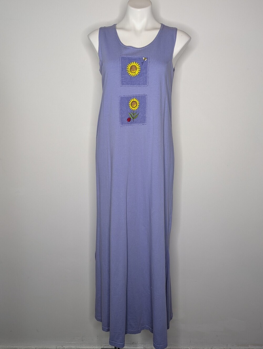 Vintage Donna 90s Purple Yellow Sunflower  Cotton Sleeveless Dress S